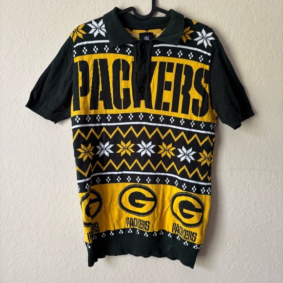 NFL Team | Men's Green Bay Packers Ugly Sweater Knit Polo Green/Gold Size Small - Picture 2 of 8
